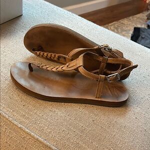 Rainbow Tan Braided T-strap Sandals